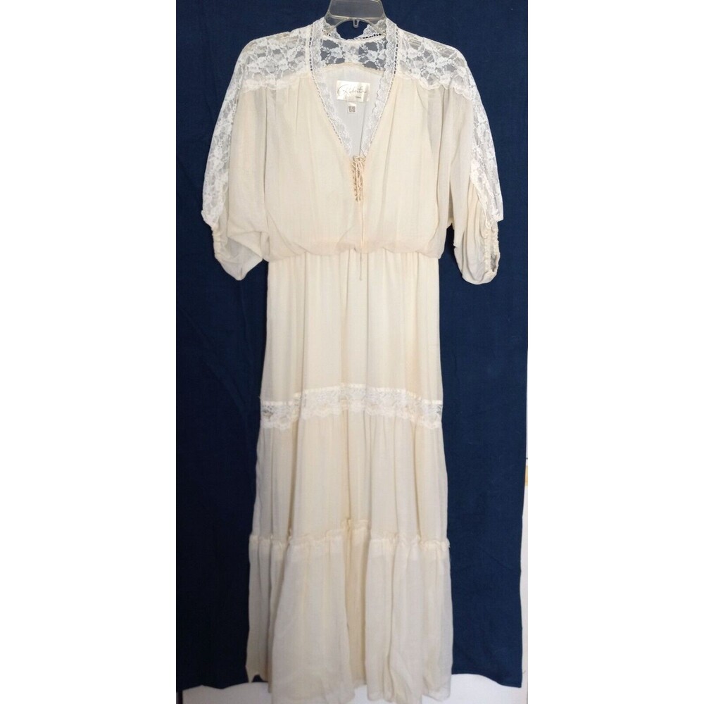 Vtg 1970's Roberta California Maxi Beige Laced Boho Prairie Wedding Dress Size 7